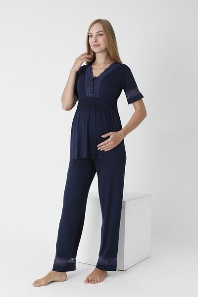 Miss Dünya Lissa V-Neck Lace Detailed Maternity and Maternity Pajamas Set - Buttoned Front, Short Sleeve