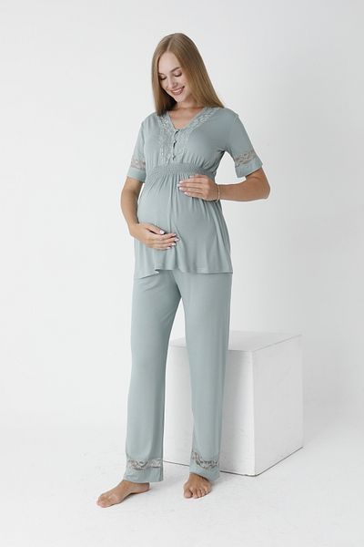 Miss Dünya Lissa V-Neck Lace Detailed Maternity and Maternity Pajamas Set - Short Sleeve