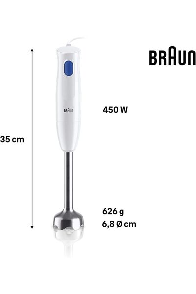 Braun خلاط يدوي، 450 واط، مفرمة 350 مل، معدن، سرعة واحدة، خفيف الوزن، خاصية التحكم في الرش - MQ 10.201 M