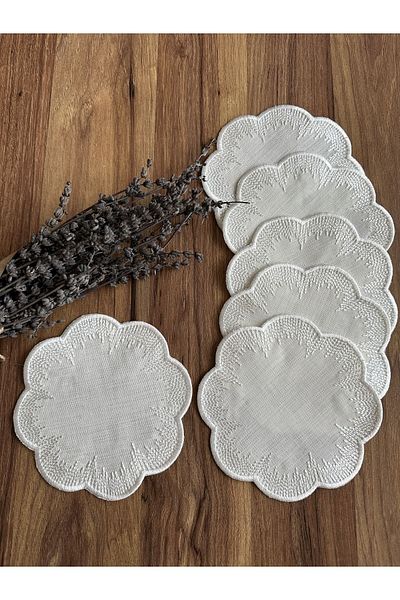 NURHAN HOME COLLECTION 6 Pieces Shiny Model Ecru Embroidered Cocktail Presentation Napkin