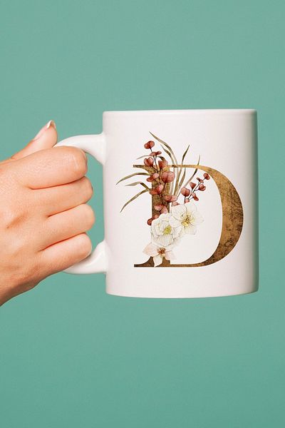 Hediyesepeti كوب على شكل حرف D - كوب شاي / قهوة بتصميم زهور خاص على شكل حرف D