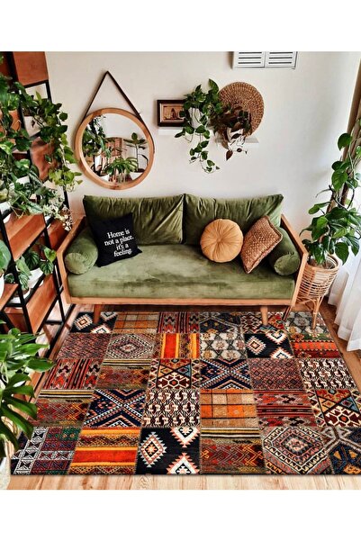 Jungle Halı Etnik Patchwork Desenli Renkli Bohem Punch Bambu Dekoratif Yıkanı...