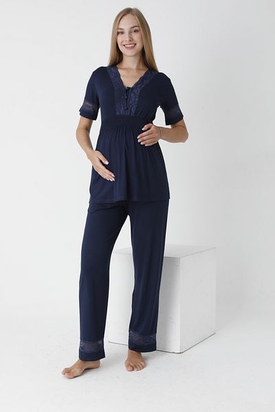 Miss Dünya Lissa V-Neck Lace Detailed Maternity and Maternity Pajamas Set - Buttoned Front, Short Sleeve