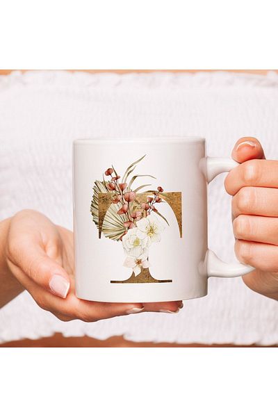 Hediyesepeti كوب على شكل حرف T - كوب قهوة/شاي مزخرف بطبعة زهور على شكل حرف T