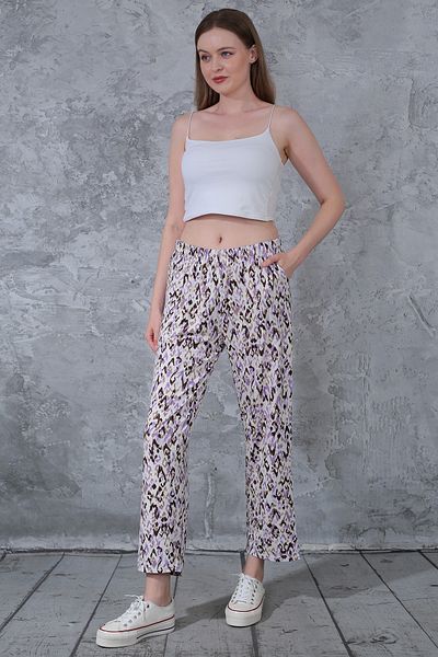 Fiftyone Wear White Viscose Summer Trousers - Regular Leg, Rubber Waist, Mixed Pattern and Pocket