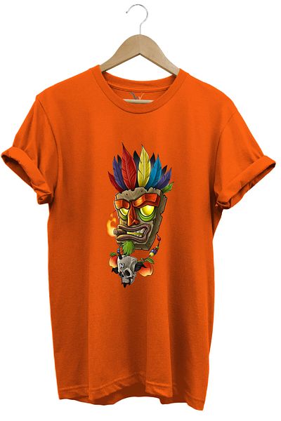 WİDİ Graffiti Patterned Native American Printed Tattoo Themed Regular Fit 100% Cotton Orange T-Shirt