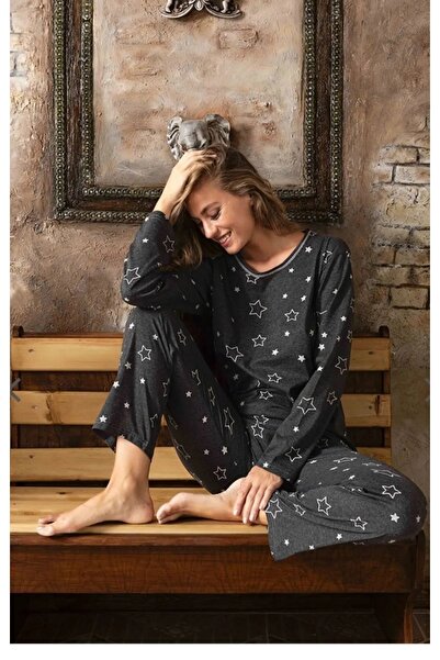 Ercan طقم بيجامة نسائي بأكمام طويلة ونمط نجمة سوداء