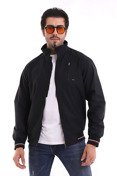 B.HE.Z Black Men's Seasonal Coat - Stand Collar, Pocket and Zipper, Water Repellent Bondic Fabric