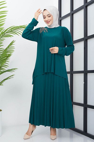 modamira Women's Green Sandy Jewelled Hijab Skirt Set Pleated Skirt Blouse Double Set