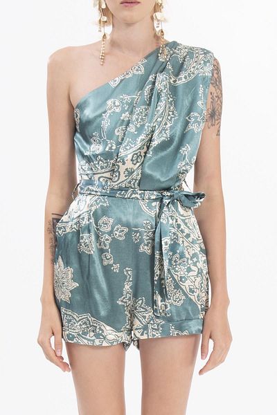 FASHION COCKTAIL Single Shoulder Belted Soft Satin Patterned Pocket Cocktail Invitation Night Women's Jumpsuit