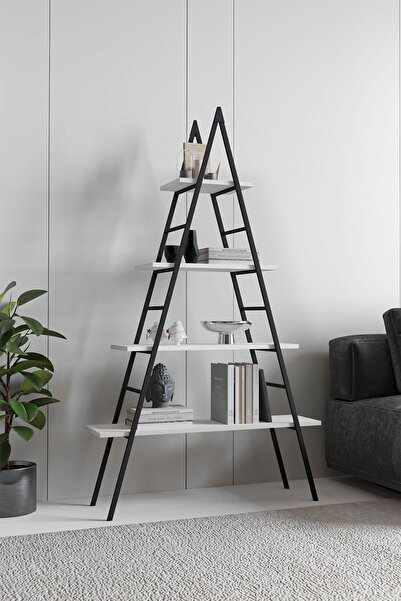 usta mekan Dekoratif Üçgen - Piramit Metal Kitaplık 4 Raflı Beyaz