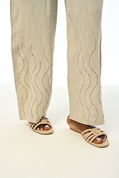 Orfeo Negro Comfortable Fit - Wide Leg and Elastic Waist Stone Embroidered Women's Natural Trousers