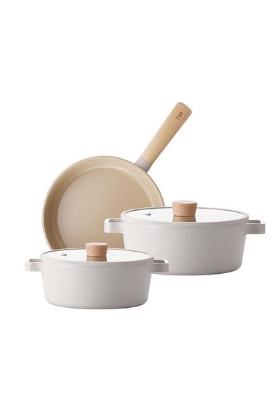 NEOFLAM Beige Color 5 Piece Cast Iron Pot Set - Fika with Glass Lid