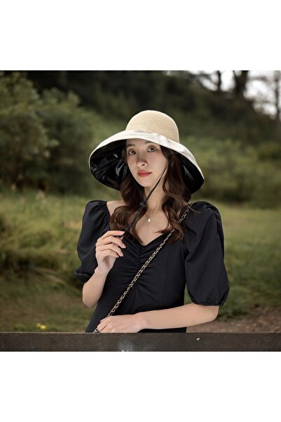 Shopiolog Katlanabilir Fiyonk Çantalı Geniş Siperli Örme Vizör Şapka Tatil Havuz Deniz Seyehat Plaj Şapkası