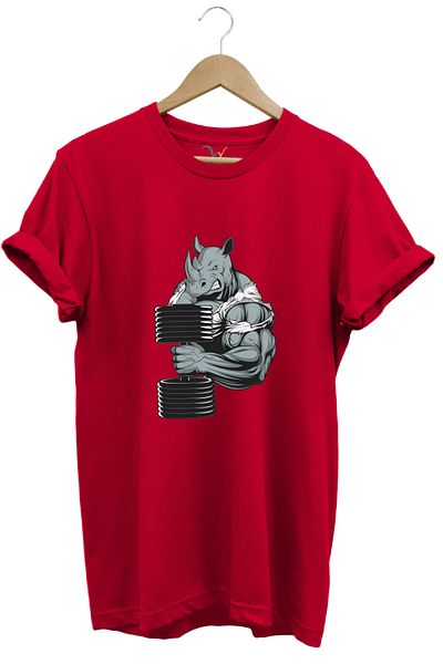 WİDİ Gym Athlete Fitness Dumbbell Lifting Bull Regular Fit 100% Cotton Red T-Shirt