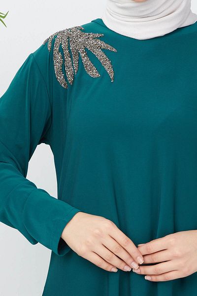 modamira Women's Green Sandy Jewelled Hijab Skirt Set Pleated Skirt Blouse Double Set
