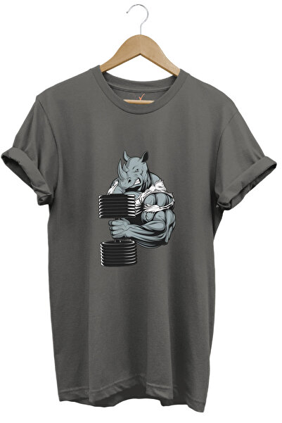 WİDİ Gym Sporcu Fitness Dumbell Kaldıran Boğa Regular Fit %100 Pamuk Gri T-shirt