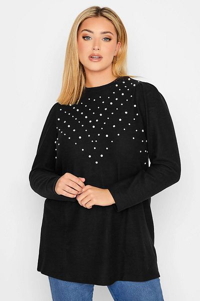 Stil Diva Μπλούζα με απαλή υφή Crew Neck Plus Size - Κεντημένη με πέρλες 301421
