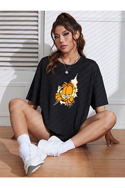 Revasser Tricou Garfield, colorat, cu decolteu triplu, supradimensionat, din bumbac