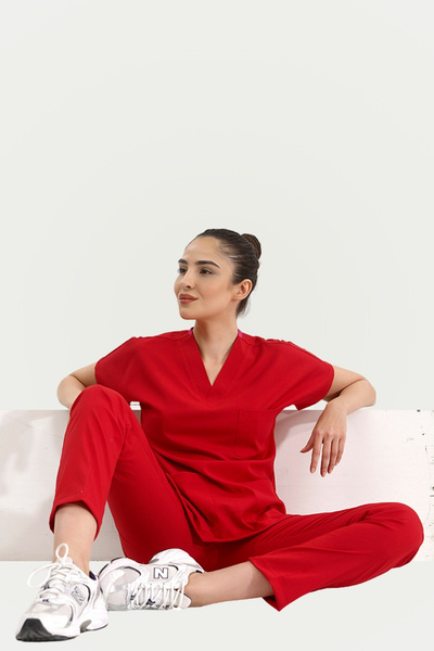 ÇİZGİ MEDİKAL Çizgi Medikal Kırmızı Lüks Likralı Greys Takım