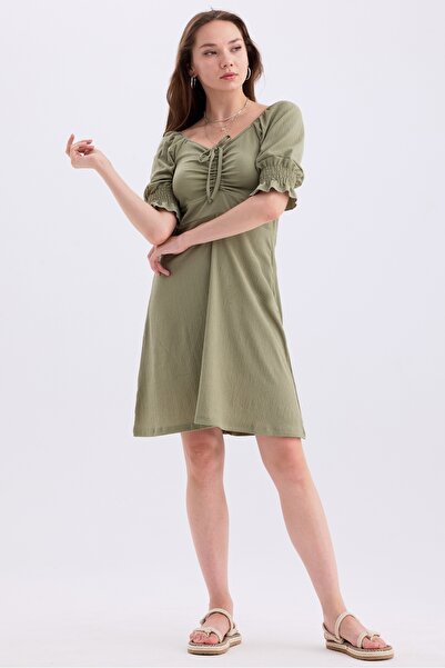 MD trend Short Sleeve Midi Dress - Gathered Front, Guiped and Backless
