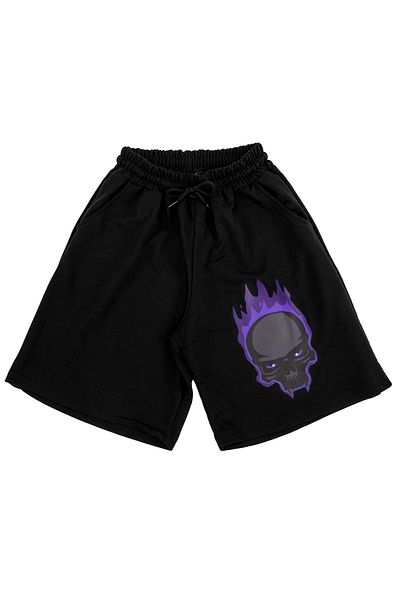 Sekizbiraltı Flame Skull Printed Black Unisex Shorts