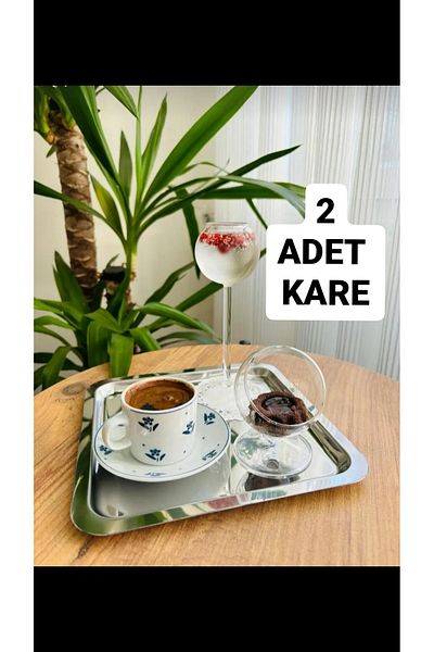 BİMOTE 2-Piece Stainless Steel Square Tray - 21x21cm, Tea, Coffee, Cake Serving, Decorative Presentation
