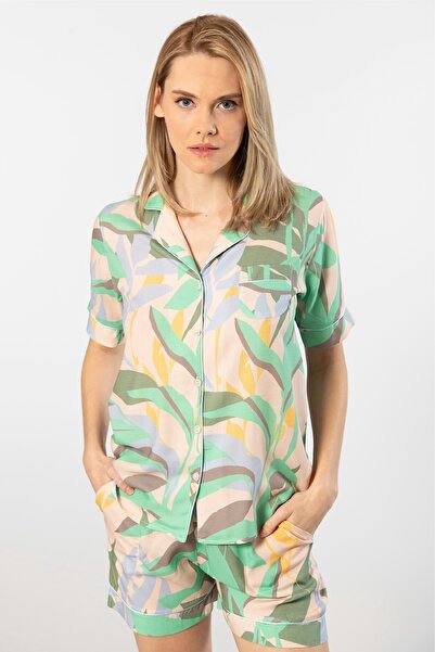 TÜREN %100 Viskon Kumaş Desenli Gömlek Yakalı Düğmeli Kadın Şortlu Takım