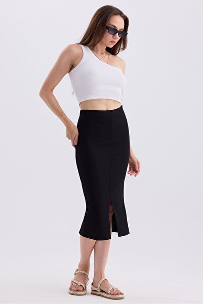 MD trend High Waist Summer Midi Women's Skirt - Slit Detail