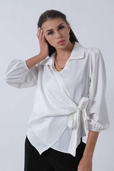Feminist Yandan Bağlamalı Şifon Bluz Beyaz 41620062