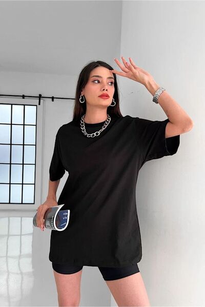 Shine Stone Tricou oversize negru cu decolteu