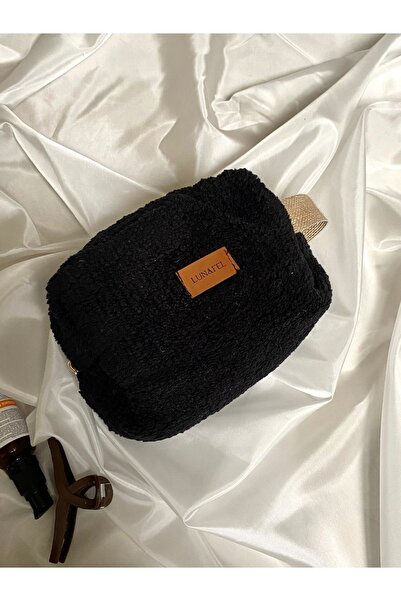 LUNAFEL حقيبة مكياج منظمة مناسبة للاستخدام اليومي والسفر بحجم متوسط - نمط فرو قطيفة أسود