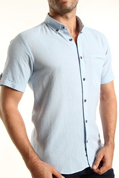 intersivin İntersivin Slim Fit 100% Cotton Light Blue Pocket Men's Short Sleeve Shirt