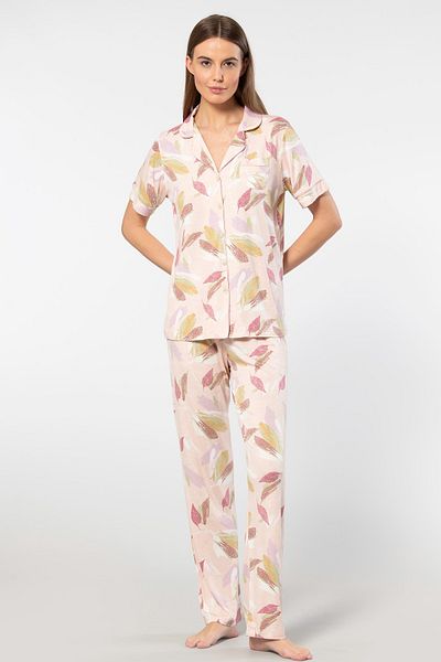 TÜREN Viscose Women's Pajamas Set - Leaf Pattern, Shirt Collar, Short Sleeve