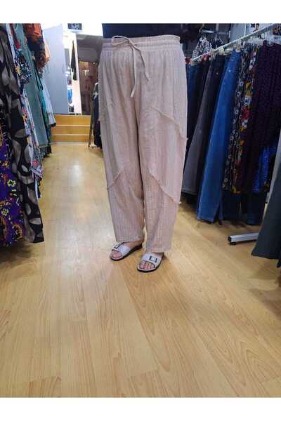 NUR TEKSTİL kadın krem italyan   pamuklu keten beli lastikli  pis dikişli   e...