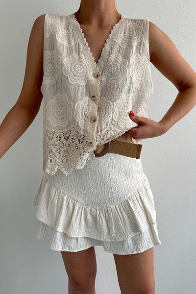 Suzi Women's Stone Color Flower Embroidered Lace Vest Standard Size