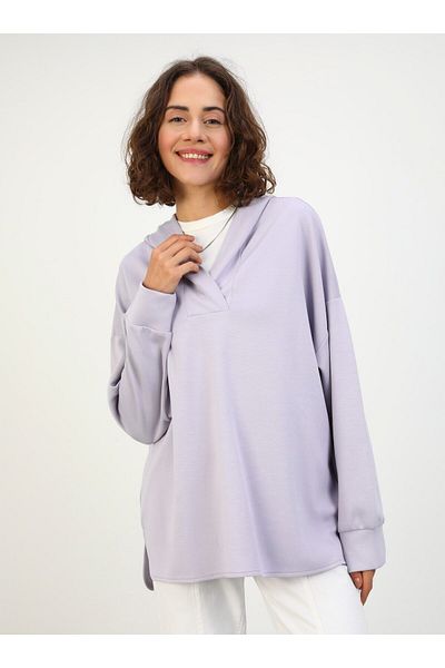 Benin Hooded Soft Textured Sweatshirt - Collar Detailed, Dirty Lilac - Benin