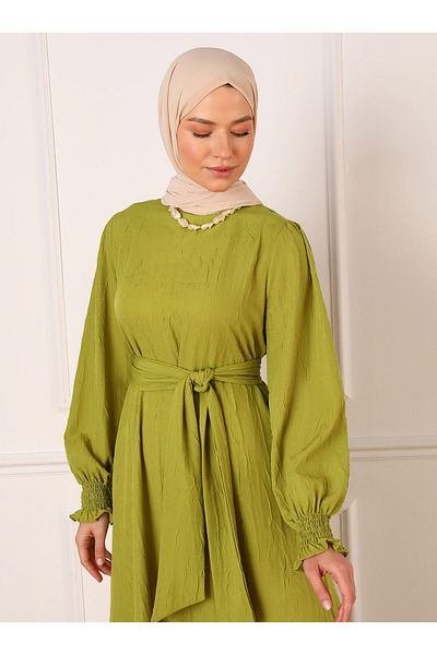 Refka Oil Green Balloon Sleeve Belted Hijab Dress - Refka
