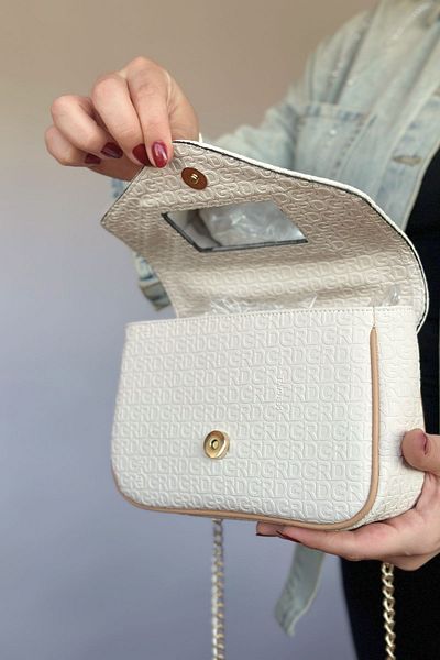 GALB LEATHER Geantă de umăr pentru femei de mărime medie, cu model în relief, acoperită cu oglindă, cu lanț auriu, culoare crem