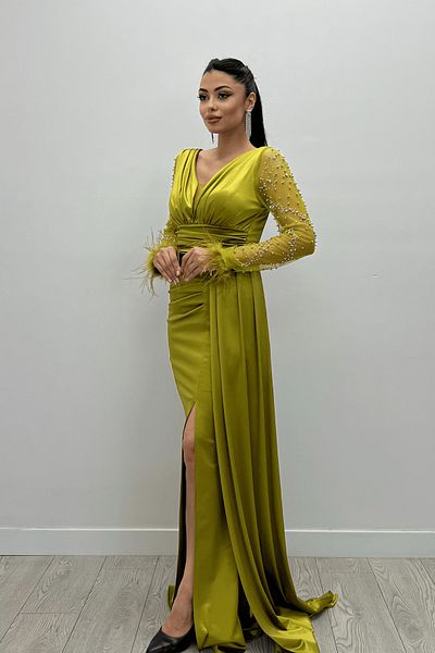 giyimmasalı Rochie Pește Verde - Tesatura din Satin, Maneci Otrishi si Detaliu din margele