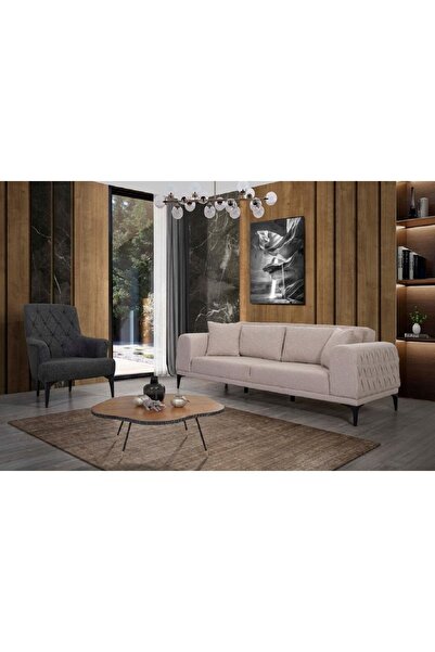 Envy Mobilya Modern Koltuk Takımı Keten Kumaş 3+1 Krem&antrasit