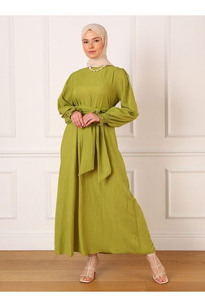 Refka Oil Green Balloon Sleeve Belted Hijab Dress - Refka