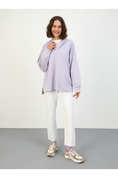 Benin Hooded Soft Textured Sweatshirt - Collar Detailed, Dirty Lilac - Benin