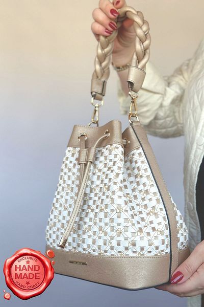 GALB LEATHER Geantă de corp tricotată manual cu închidere cu șnur Model Geantă de umăr Premium damă crem nisip Culoare