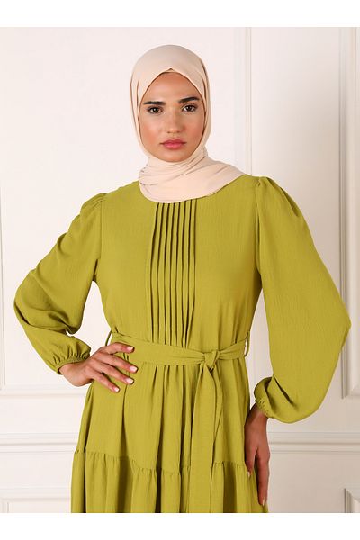 Refka Oil Green Aerobin Hijab Dress - Rib Detailed and Belted - Refka