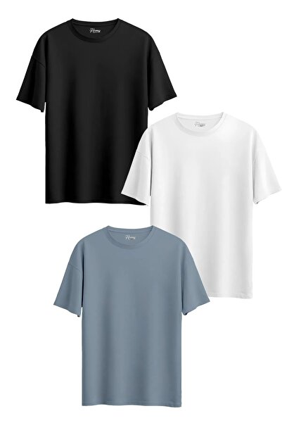 NO 601 Tricou supradimensionat unisex, 3 piese - negru, alb, albastru, uni fă...