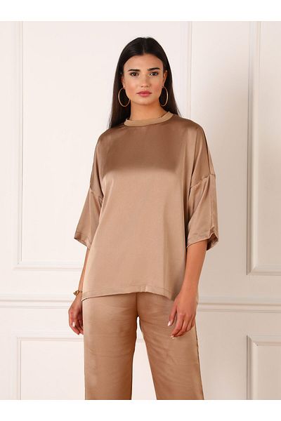 Refka Beige Satin Tunic - Collar Detailed - Refka