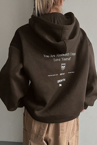 MODAGEN Unisex hnědá oversize mikina s kapucí - Love Yourself Back Printed
