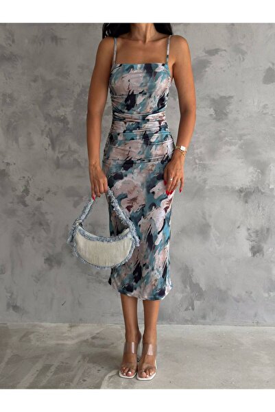 manolyabutik Ledeno plava haljina od tkanine sa peskom, uvezena B Štampano