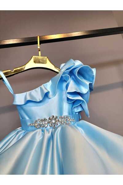 SCSTİL TEK OMUZ FIRFIRLI BEL AKSESUARLI BEBE MAVİ ELBİSE